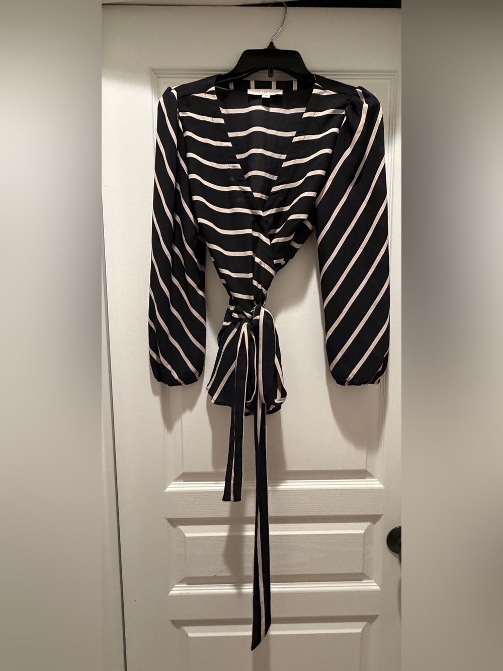LOFT Black White Striped Wrap Peplum Tie Waist Blouse Size S
